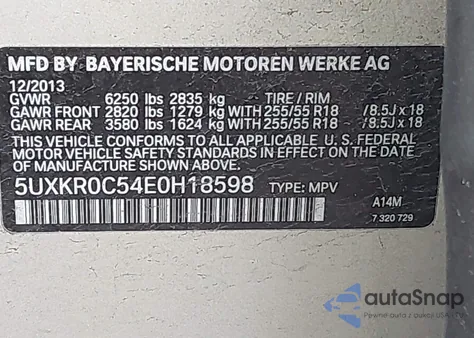 2014 BMW X5 xDrive35I из США, поврежденный, VIN 5UXKR0C54E0H18598